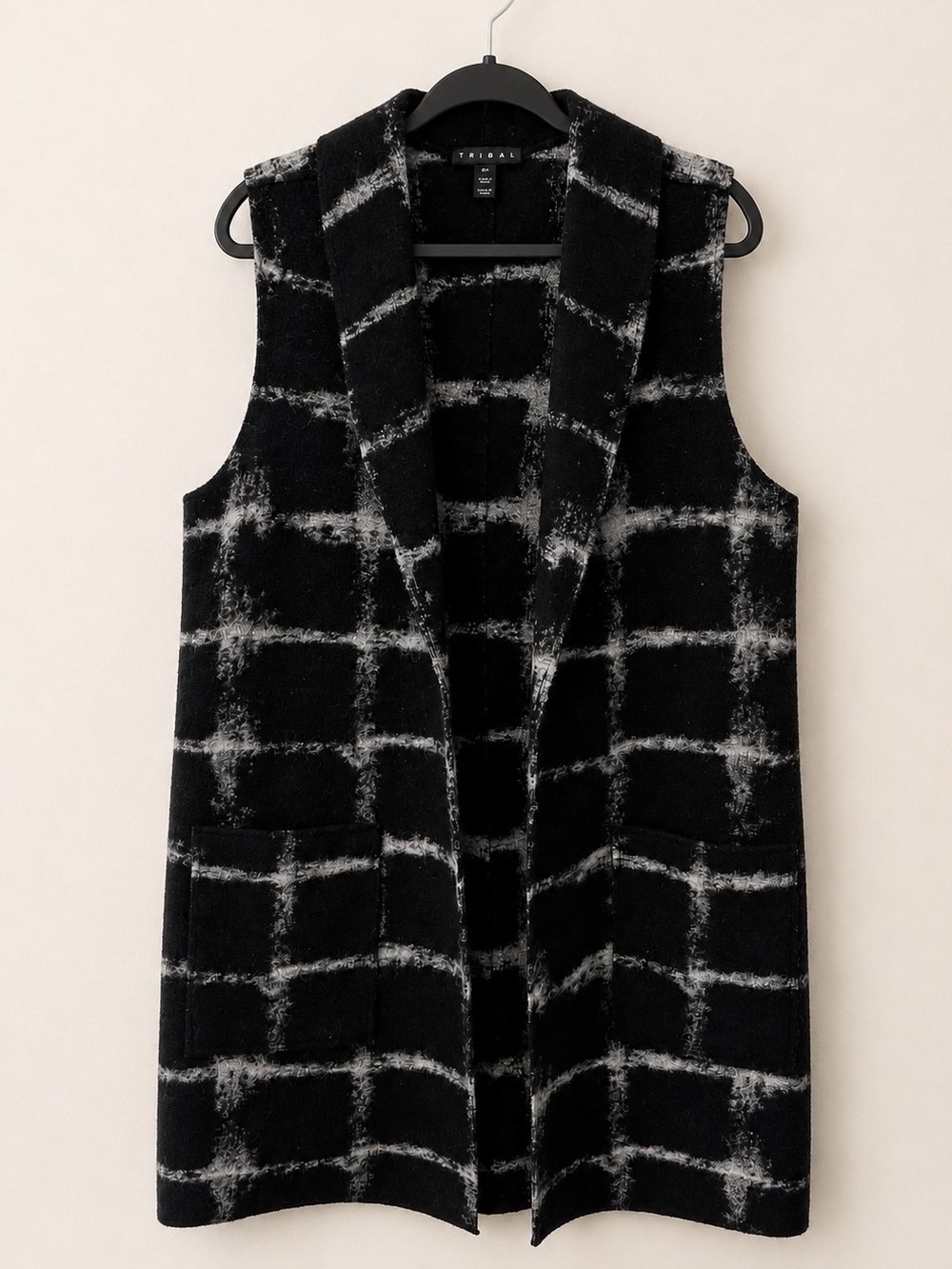 Tribal Wool Blend Black & Gray Plaid Open Front Sweater Vest Longline Women’s L